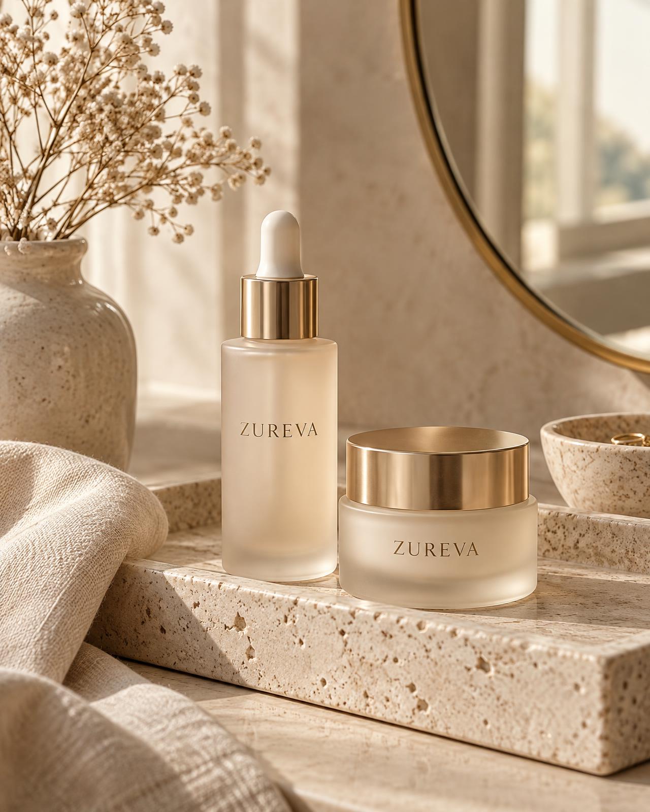 A hand holding a frosted glass serum bottle in warm light