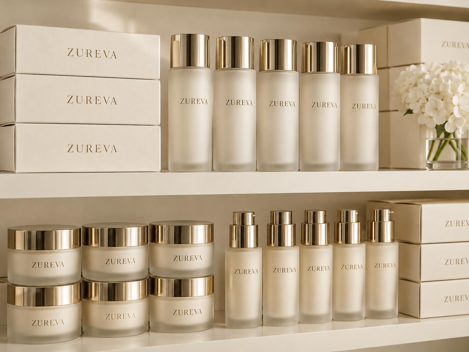 Shelves of neatly arranged beauty product bottles and boxes